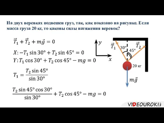 На двух веревках подвешен груз, так, как показано на рисунке. Если