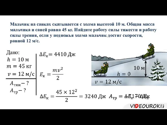 Мальчик на санках скатывается с холма высотой 10 м. Общая масса