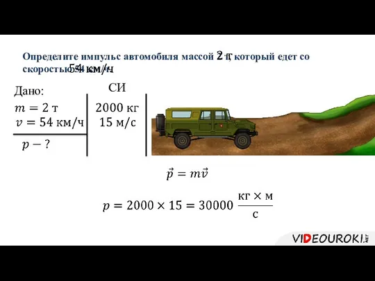 Определите импульс автомобиля массой 2 т, который едет со скоростью 54 км/ч. Дано: СИ