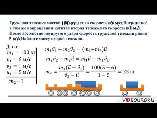 Груженая тележка массой 100 кг, едет со скоростью 6 м/с. Впереди