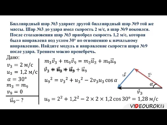 Биллиардный шар №3 ударяет другой биллиардный шар №9 той же массы.