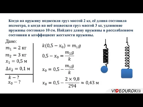 Когда на пружину подвесили груз массой 2 кг, её длина составила