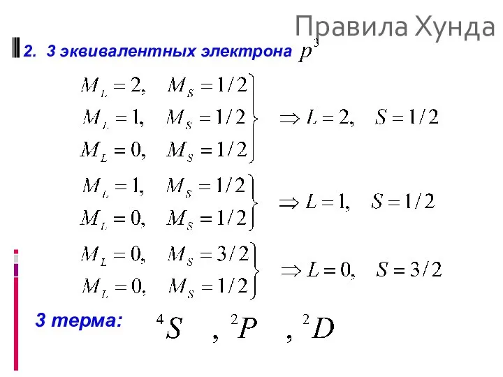 Правила Хунда 2. 3 эквивалентных электрона 3 терма: