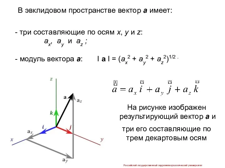 В эвклидовом пространстве вектор а имеет: - три составляющие по осям