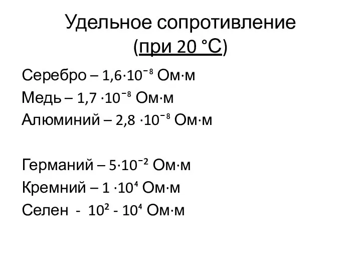 Удельное сопротивление (при 20 °С) Серебро – 1,6·10¯⁸ Ом·м Медь –