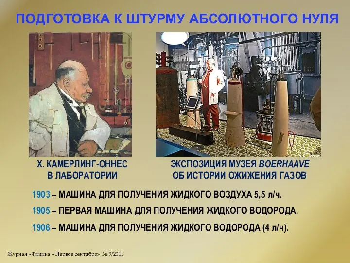 ПОДГОТОВКА К ШТУРМУ АБСОЛЮТНОГО НУЛЯ Х. КАМЕРЛИНГ-ОННЕС В ЛАБОРАТОРИИ ЭКСПОЗИЦИЯ МУЗЕЯ