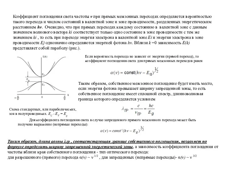 Коэффициент поглощения света частоты ν при прямых межзонных переходах определяется вероятностью