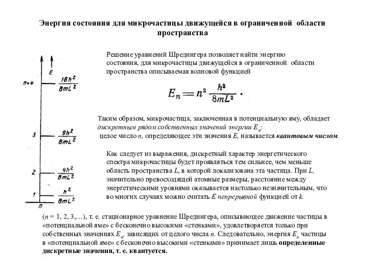 Таким образом, микрочастица, заключенная в потенциальную яму, обладает дискретным рядом собственных