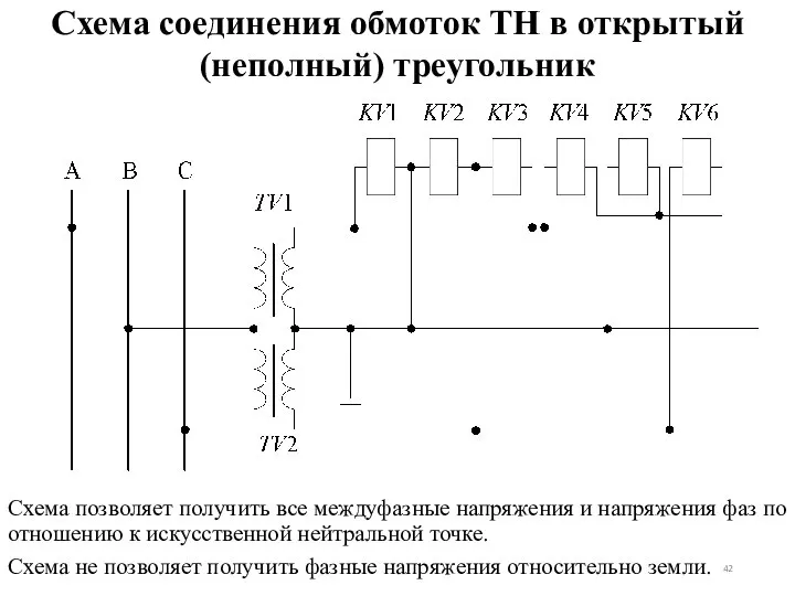 Схема соединения обмоток ТН в открытый (неполный) треугольник Схема позволяет получить