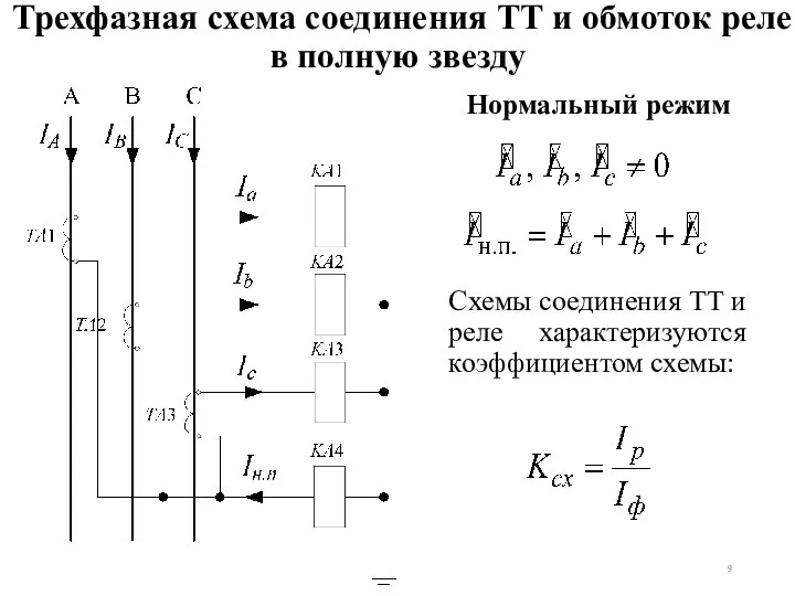 Трехфазная схема соединения ТТ и обмоток реле в полную звезду Нормальный