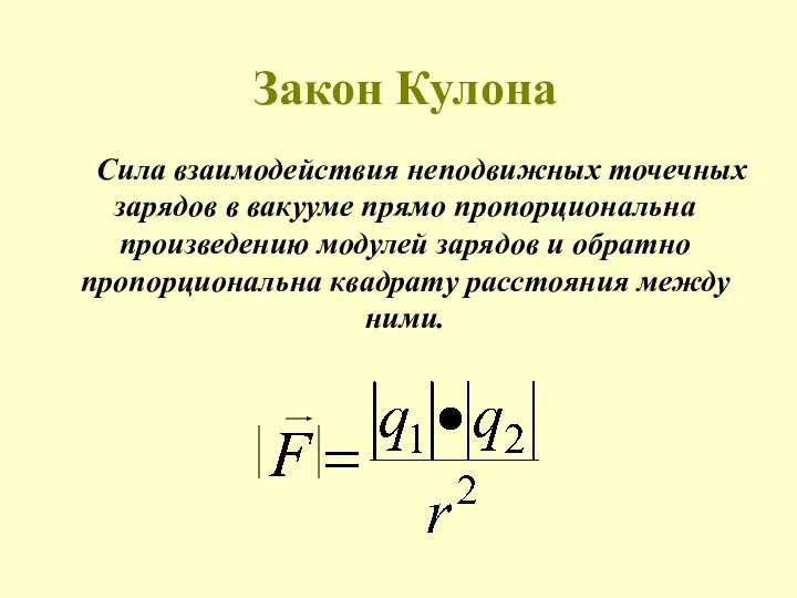 Закон Кулона Сила взаимодействия неподвижных точечных зарядов в вакууме прямо пропорциональна