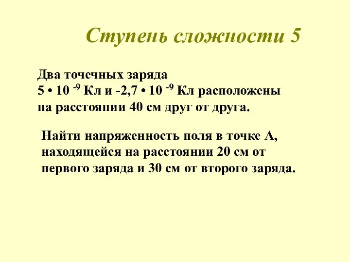 Ступень сложности 5 Два точечных заряда 5 • 10 -9 Кл