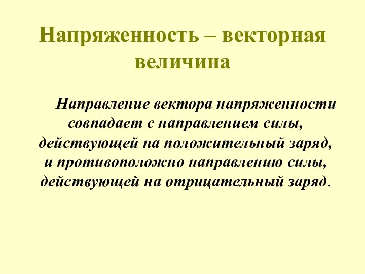 Напряженность – векторная величина Направление вектора напряженности совпадает с направлением силы,