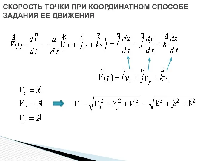 СКОРОСТЬ ТОЧКИ ПРИ КООРДИНАТНОМ СПОСОБЕ ЗАДАНИЯ ЕЕ ДВИЖЕНИЯ Скорость точки