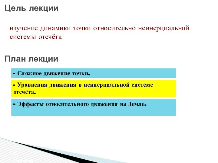 Цель лекции Цель лекции изучение динамики точки относительно неинерциальной системы отсчёта