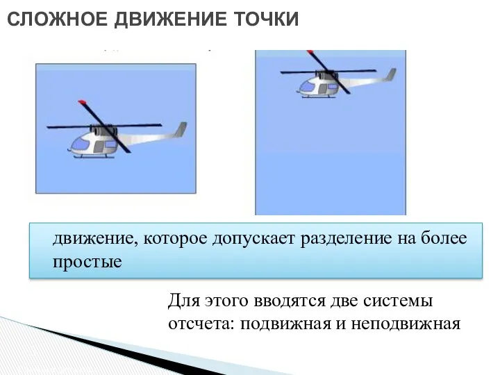 СЛОЖНОЕ ДВИЖЕНИЕ ТОЧКИ Сложное движение движение, которое допускает разделение на более