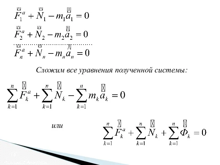 Принцип Д’Аламбера 14 Сложим все уравнения полученной системы: или