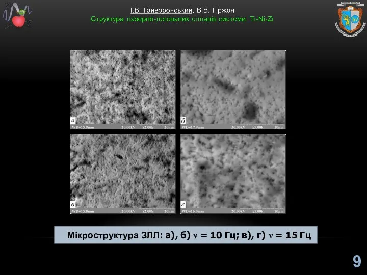 Мікроструктура ЗЛЛ: a), б) ν = 10 Гц; в), г) ν = 15 Гц