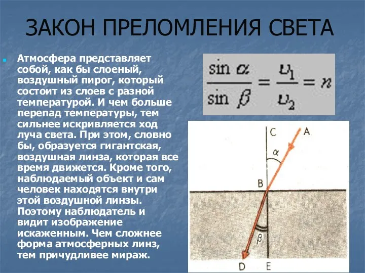 ЗАКОН ПРЕЛОМЛЕНИЯ СВЕТА Атмосфера представляет собой, как бы слоеный, воздушный пирог,