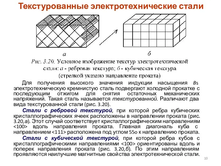 Текстурованные электротехнические стали Для получения высокого значения индукции насыщения Bs электротехническую