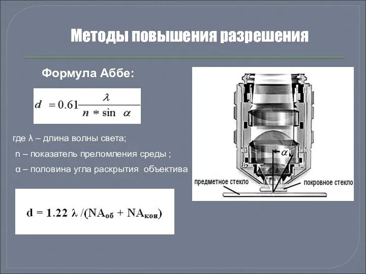 Формула Аббе: где λ – длина волны света; n – показатель