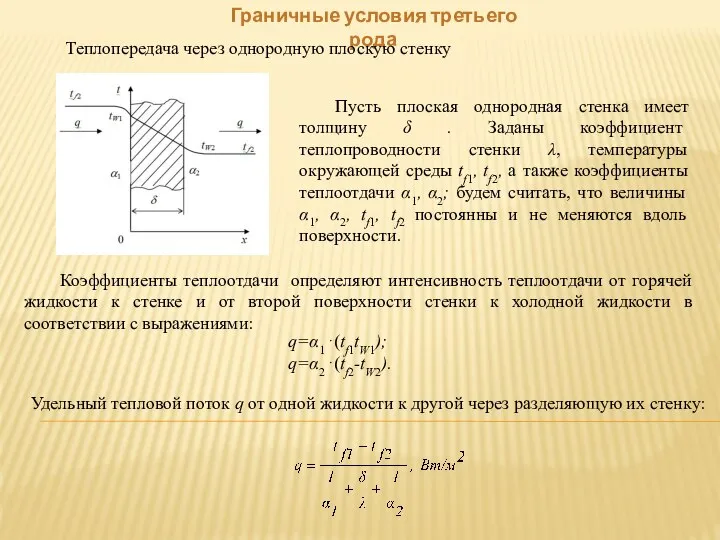 Граничные условия третьего рода Теплопередача через однородную плоскую стенку Пусть плоская