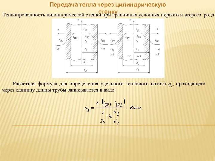 Передача тепла через цилиндрическую стенку Теплопроводность цилиндрической стенки при граничных условиях