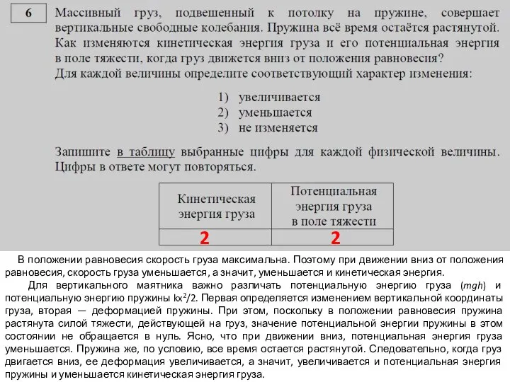 2 2 В положении равновесия скорость груза максимальна. Поэтому при движении