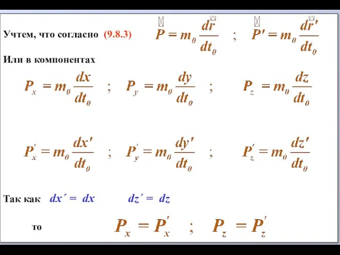 Учтем, что согласно (9.8.3) Или в компонентах Так как dx´ = dx dz´ = dz то