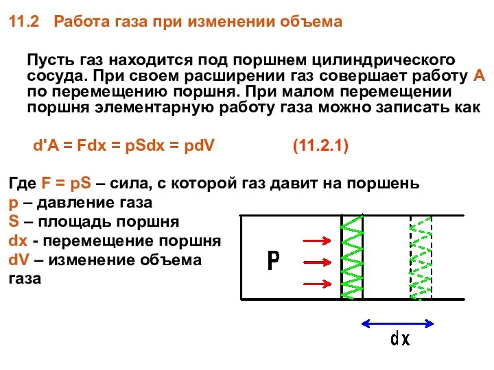 11.2 Работа газа при изменении объема Пусть газ находится под поршнем