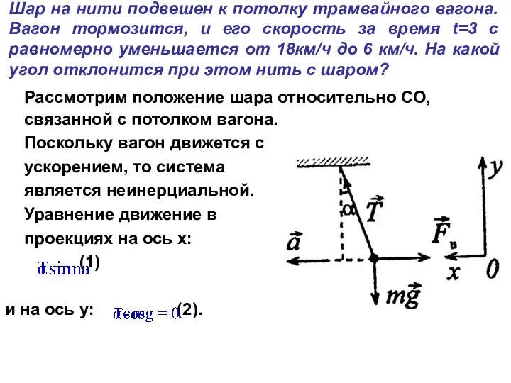 Шар на нити подвешен к потолку трамвайного вагона. Вагон тормозится, и