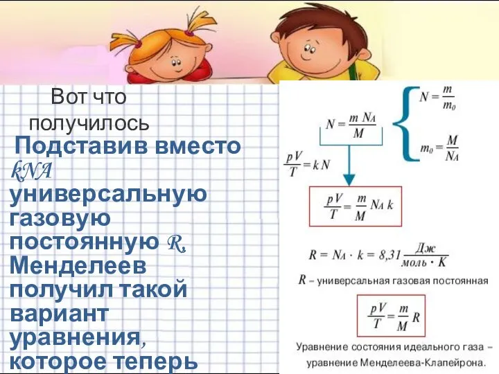 Вот что получилось Подставив вместо kNA универсальную газовую постоянную R, Менделеев