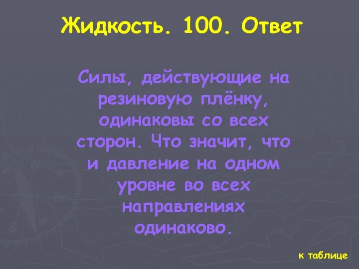 к таблице Жидкость. 100. Ответ Силы, действующие на резиновую плёнку, одинаковы