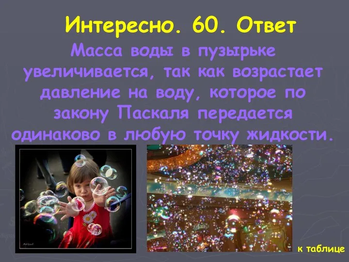 к таблице Интересно. 60. Ответ Масса воды в пузырьке увеличивается, так