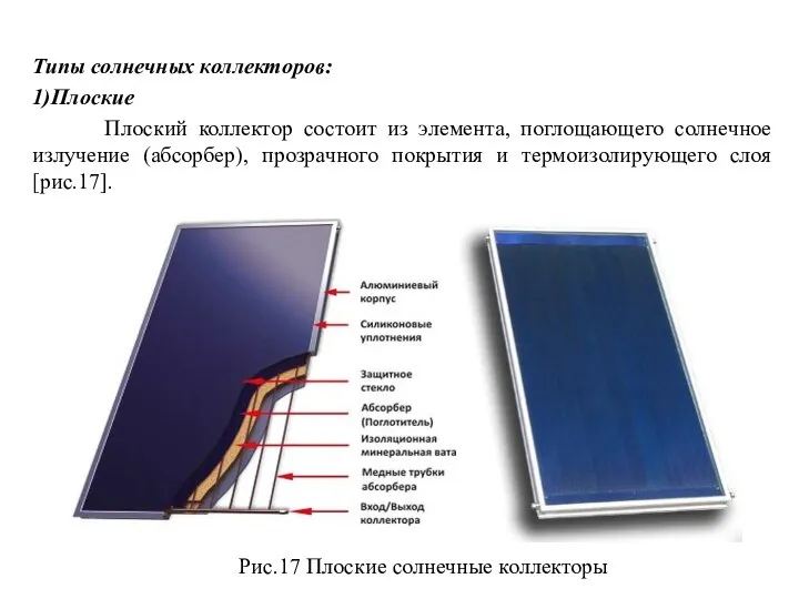 Типы солнечных коллекторов: 1)Плоские Плоский коллектор состоит из элемента, поглощающего солнечное