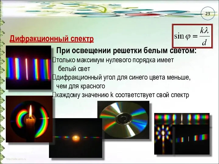 Дифракционный спектр При освещении решетки белым светом: только максимум нулевого порядка