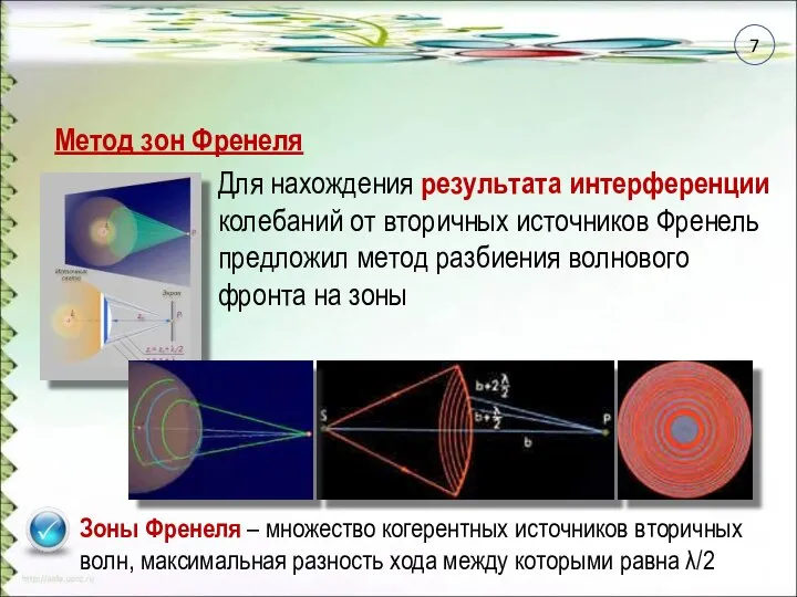 Зоны Френеля – множество когерентных источников вторичных волн, максимальная разность хода