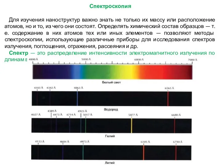 Спектроскопия Для изучения наноструктур важно знать не только их массу или