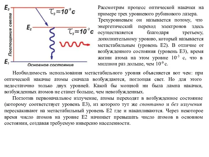 Рассмотрим процесс оптической накачки на примере трех уровневого рубинового лазера. Трехуровневым