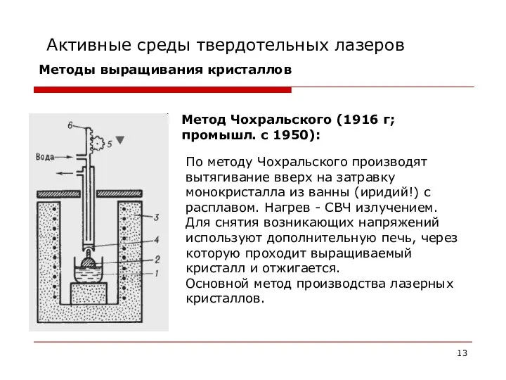 Активные среды твердотельных лазеров Методы выращивания кристаллов Метод Чохральского (1916 г;