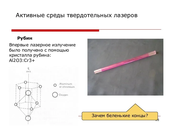 Активные среды твердотельных лазеров Рубин Впервые лазерное излучение было получено с