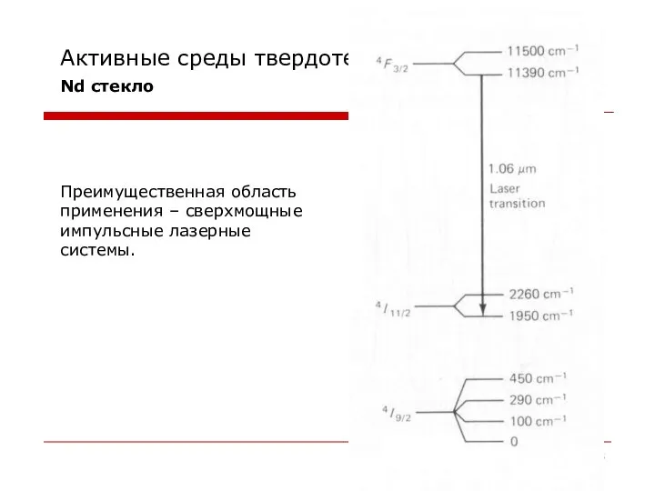 Активные среды твердотельных лазеров Nd стекло Преимущественная область применения – сверхмощные импульсные лазерные системы.