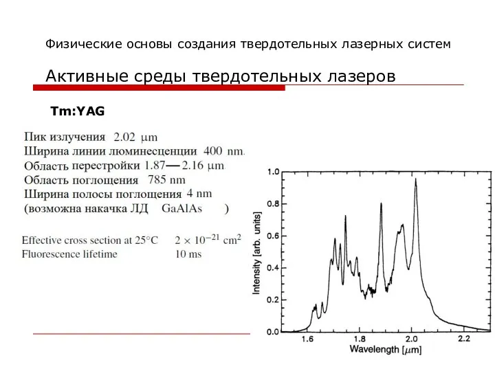 Физические основы создания твердотельных лазерных систем Активные среды твердотельных лазеров Tm:YAG