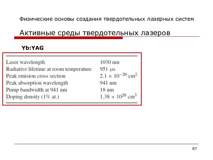 Физические основы создания твердотельных лазерных систем Активные среды твердотельных лазеров Yb:YAG