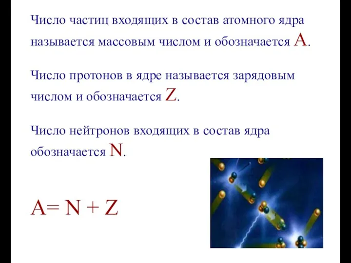 Число частиц входящих в состав атомного ядра называется массовым числом и