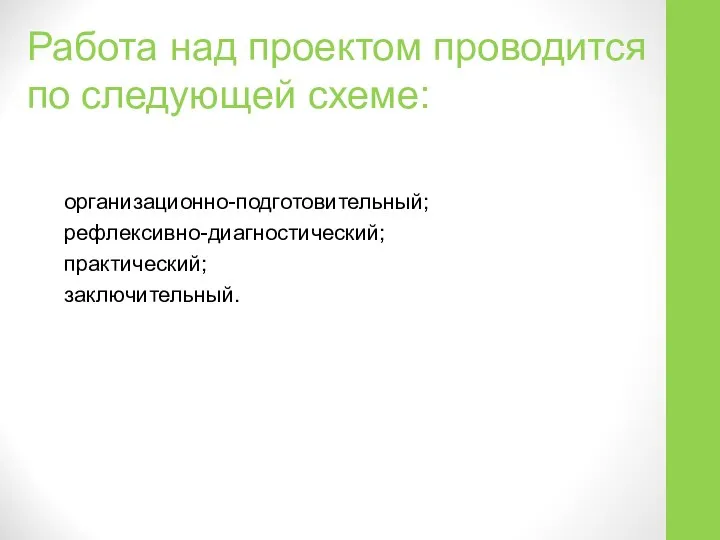 Работа над проектом проводится по следующей схеме: организационно-подготовительный; рефлексивно-диагностический; практический; заключительный.