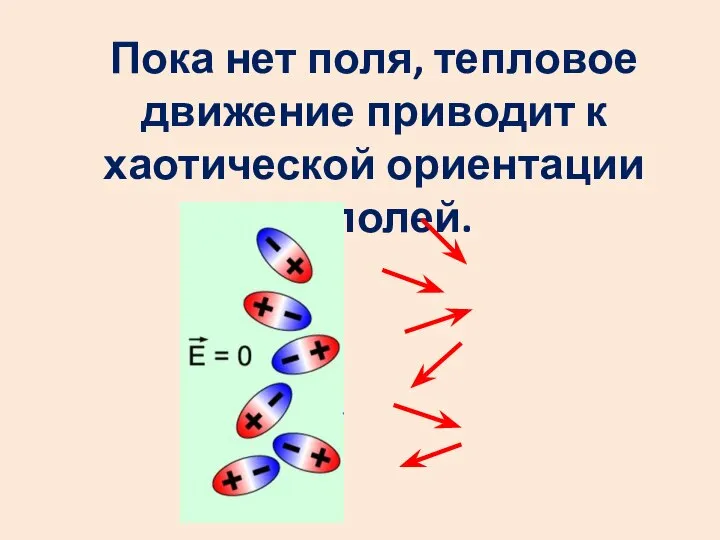 Пока нет поля, тепловое движение приводит к хаотической ориентации диполей.