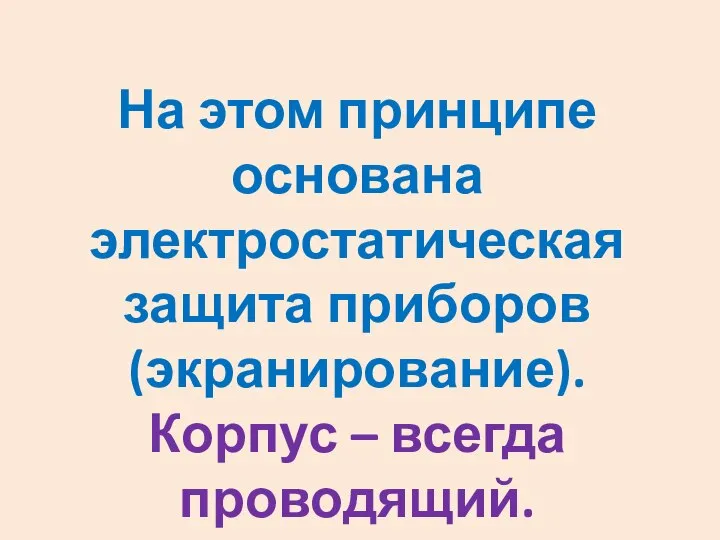 На этом принципе основана электростатическая защита приборов (экранирование). Корпус – всегда проводящий.