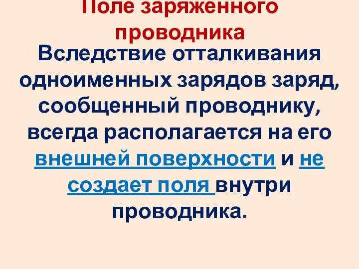 Поле заряженного проводника Вследствие отталкивания одноименных зарядов заряд, сообщенный проводнику, всегда