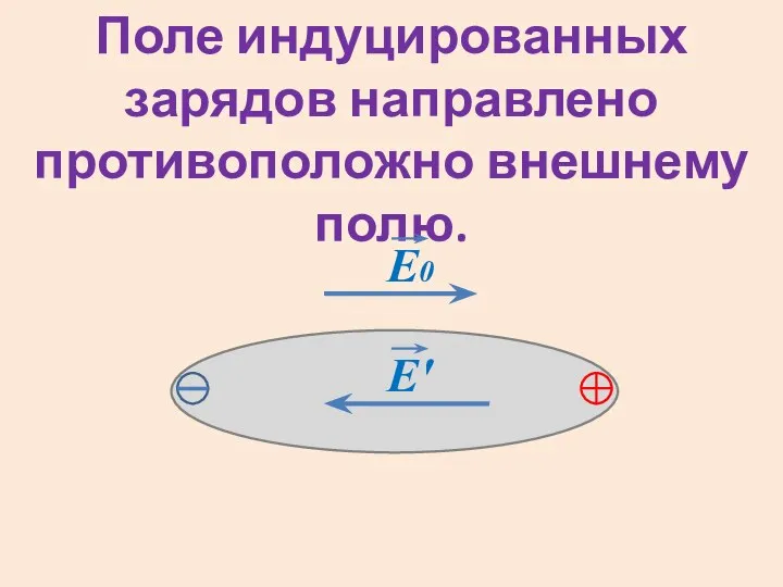 Поле индуцированных зарядов направлено противоположно внешнему полю. E0 E′